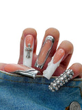 Euphrosyne Nude Ombre Coffin Fake Nails – 10pcs Extra Long Press Ons with Bold Rhinestone Chains & Star Dangles | Showstopper Glam Nails for Party, Stage, or Photos