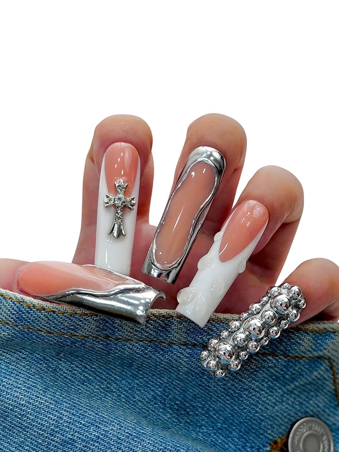 Euphrosyne Nude Ombre Coffin Fake Nails – 10pcs Extra Long Press Ons with Bold Rhinestone Chains & Star Dangles | Showstopper Glam Nails for Party, Stage, or Photos