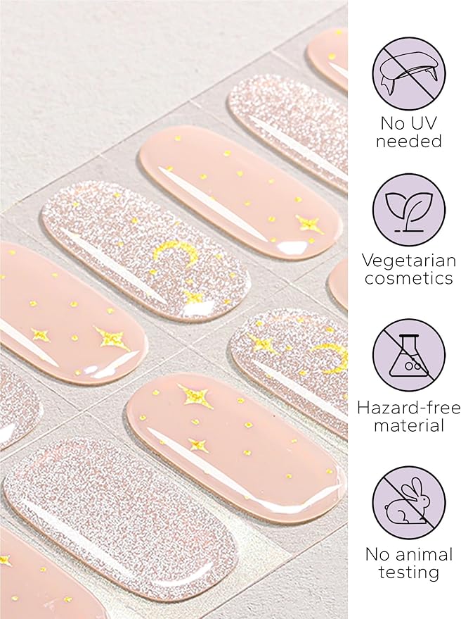 Nail Polish Strips – 32PCS UV Free Salon Quality Wraps, Long Lasting Gel Nail Stickers for Women (Moon Stars Pink)
