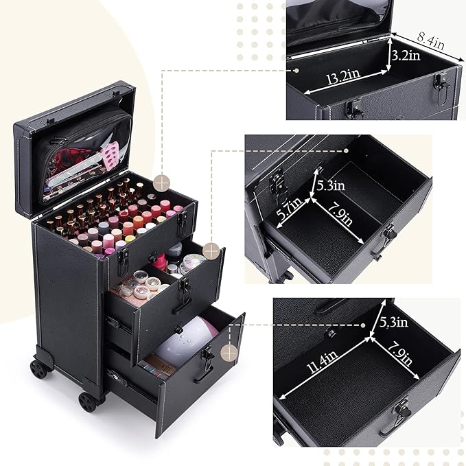 Frenessa Rolling Nail Case - Wheeled Vegan Leather Manicure Storage Organizer for Nail Technicians, Cosmetologists, and Stylists