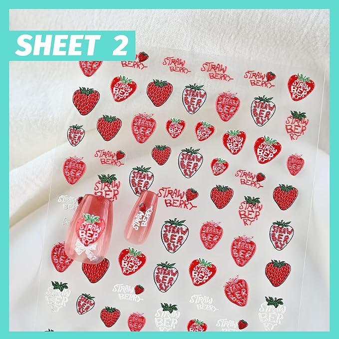 Strawberry Lace Nail Art Stickers 3D Embossed Nail Decals for Nail Art Design Self-Adhesive Nail Accessories for Women Nail Art Supplies 3 Sheets