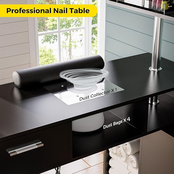 Manicure Table Nail Desk with Stool, Rotating L-Shaped Nail Tech Desk with Dust Collector, Two-Way Drawer, Cabinet & Storage Shelves, Reversible Manicure Workstation on Wheels (Black)