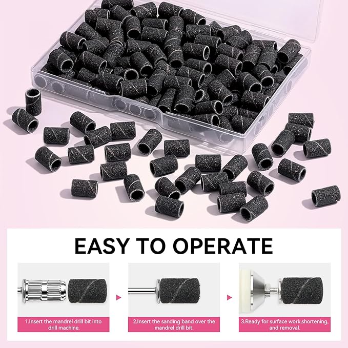 Makartt Sanding Bands for Nail Drill - 100 Pcs #180-Fine Grits Nail File Sanding Bands for Drill Bits, Nail Prep Smooth Polish, Upgrade Thicker Durable Sanding Drill Bit for Acrylic Nails Gel, Black