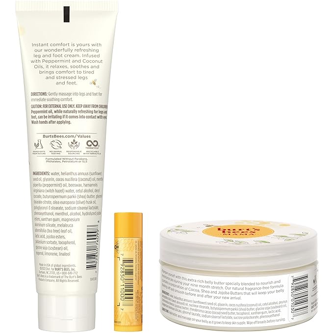 Burt’s Bees Mama Gift Set, Includes Lip Balm, Leg and Foot Cream, and Belly Butter, Natural Origin Skin Care, 0.15 oz./3.38 oz./6.5 oz.