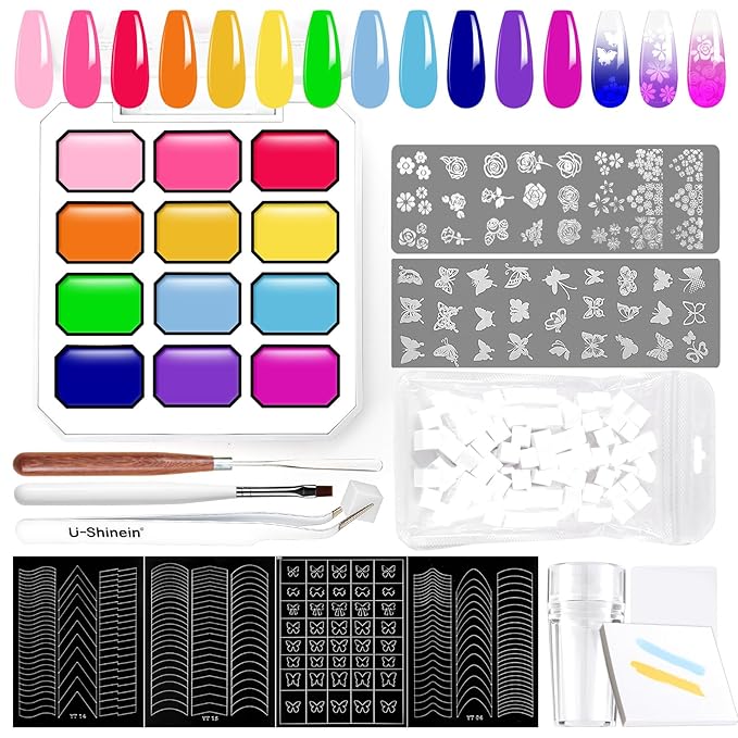 Gradient Gel Nail Set,12 Bright Neon Color for Ombre Nail Polish Platte Kit with 14* Nail Art Tools,Pat Painting Gel French Nail Manicure No-wipe DIY Art Home Salon Mojito Sunrise Canvas
