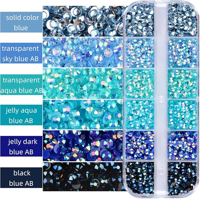 5 Boxes 12420pcs Sparkling Crystal Nail Rhinestones Kit, Flatback Multicolor Transparent Jelly AB Mermaid Gems with Pick Up Pen and Curved Tweezers for Manicure Salon & Craft DIY Designs (Blue)