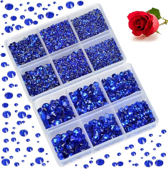 Bymitel Hotfix Crystal Rhinestones Round Gems for Crafts,Mixed 6 Sizes with Wax Pencil Kit, Sapphire 1.6-6.3mm SS4-SS30/8000pcs