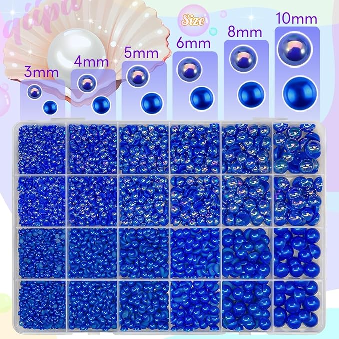 2 Styles Solid Blue+Royal Blue AB Flatback Pearls w B7000 Glue for Bedazzling Crafting 3mm-10mm Half Round Beads Gems Bedazzler Kit for Nails Face Eyes Makeup Tumblers Bottles DIY Crafts Shoes