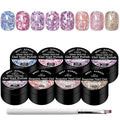 MEET ACROSS 9Pcs Glitter Gel Polish Sequins Gel Nail Polish Kit with 1Pc Nail Brush Shimmer Pink Blue Purple Brown Glitter Nail Polish Kit Holiday Gift Design for Party 8 Colors