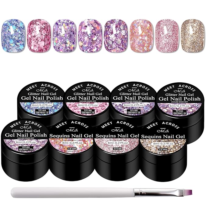 MEET ACROSS 9Pcs Glitter Gel Polish Sequins Gel Nail Polish Kit with 1Pc Nail Brush Shimmer Pink Blue Purple Brown Glitter Nail Polish Kit Holiday Gift Design for Party 8 Colors