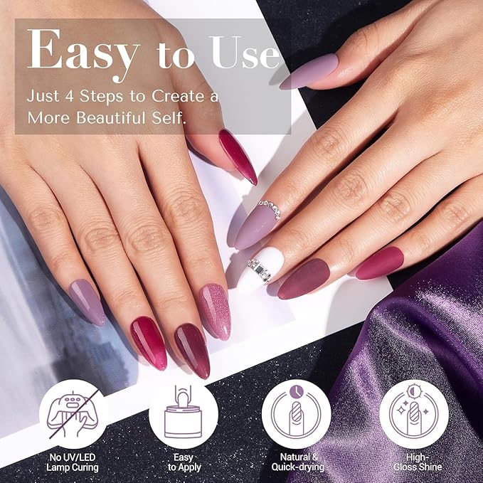 AZUREBEAUTY Dip Powder Nail Kit Dark Purple Lilac Purple Glitter 4 Colors Dip Liquid Set with Base/Top Coat Activator for French Art Manicure DIY Gift