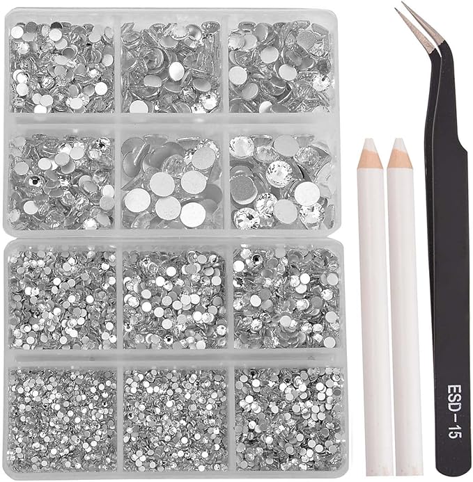 NCB 8000pcs Non Hotfix Rhinestones 10 Sizes Flatback Crystal Glass Rhinestones with Tweezers and Picking Pen for Nail Art Clothes Bags Phone Decorations Crafts DIY (001 Crystal Mix SS3-SS30)
