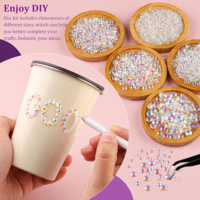 Resin Jelly Rhinestones for Crafting with B7000 Jewelry Glue, 1 Box Transparent AB Flatback Crystals with 2Pcs 10ml Glue, Bedazzling Non Hotfix Gems for DIY Tumblers Clothing Shoes Manicure
