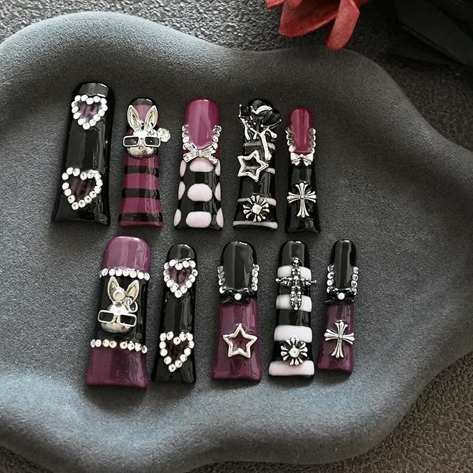 Metallic Gothic Press on Nails - Duck Nails Tip False Nails Black Purple Hot Pink with 3D Metal Cross, Star, Heart, Bow & Rabbit Charms, Extra Long Full Cover for Parties (Dark Romance, S)