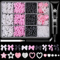 600 Pcs 3D Nail Charms and Flatback Pearls #8, 3 Colors Bow + Pink&White Star Heart Cute Charms + 2-6mm White Pearls for Nail Art Design with Nail Charm Glue(UV Needed) and Pickup Tools