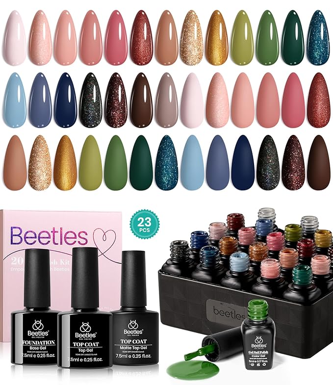 Beetles Brown Gel Polish Set - 20 Colors Nude Gel Nail Polish Shimmer Brown Red Green Blue Glitter with Base&Top Coat Soak off UV DIY Home Manicure Kit for Valentines Gift Set for Women