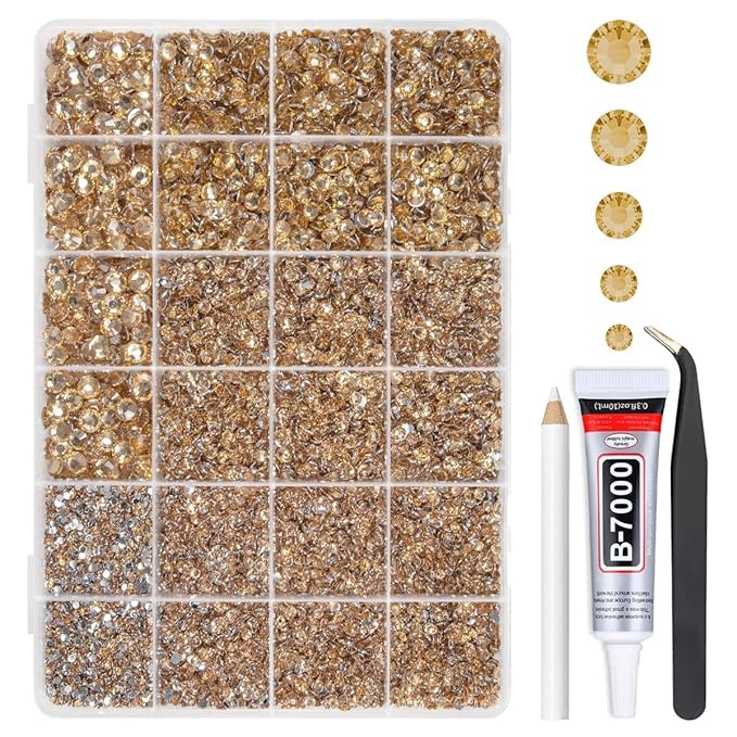 Champagne Crystal Resin Rhinestones w B7000 Jewelry Glue for Bedazzling Crafting 2mm-6mm Golden Flatback Gems Stones Diamonds Crystals Bedazzler Kit for Nails Face Eyes Makeup Tumblers Crafts