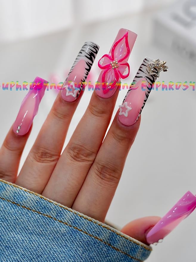 10PCS Pink Zebra Print Press On Nails – Long Coffin Fake Nails with Rhinestones, 3D Bows & Star Charms, Glossy Reusable Y2K Nails for Women and Girls – Euphrosyne