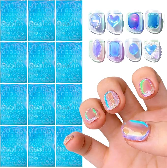 DANNEASY 12 Sheets Aurora Nail Foil Stickers Glass Paper Ice Cellophane Nail Film Foils Holographic Nails Art Stickers Decals Laser Nails Wraps for Women Girls Decoration
