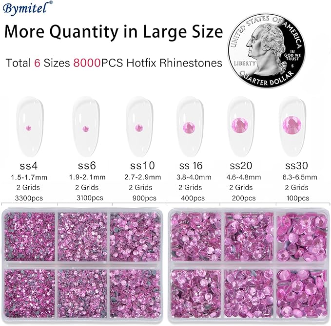 Bymitel Hotfix Crystal Rhinestones Round Gems for Crafts,Mixed 6 Sizes with Wax Pencil Kit, Lt. Rose 1.6-6.3mm SS4-SS30/8000pcs