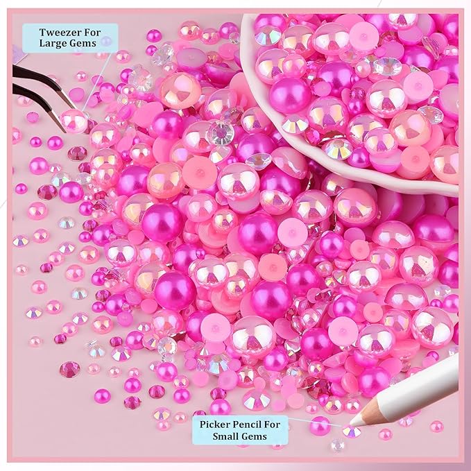 14000Pcs Flatback Pearls and Rhinestones for Crafting, Hot Pink Light Pink Mixed Size 3-8mm Resin Rhinestones and Half Pearls for Bedazzling, Nail Art with Tweezers and Pickup Pencil