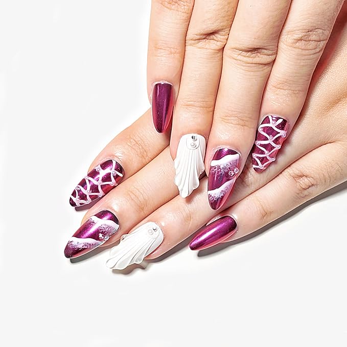 Sun&Beam Nails Handmade Press-on Medium Long Amlond Purple White Winered Aurora Mermaid Design False Nail Tips 10 Pcs (#019 L)