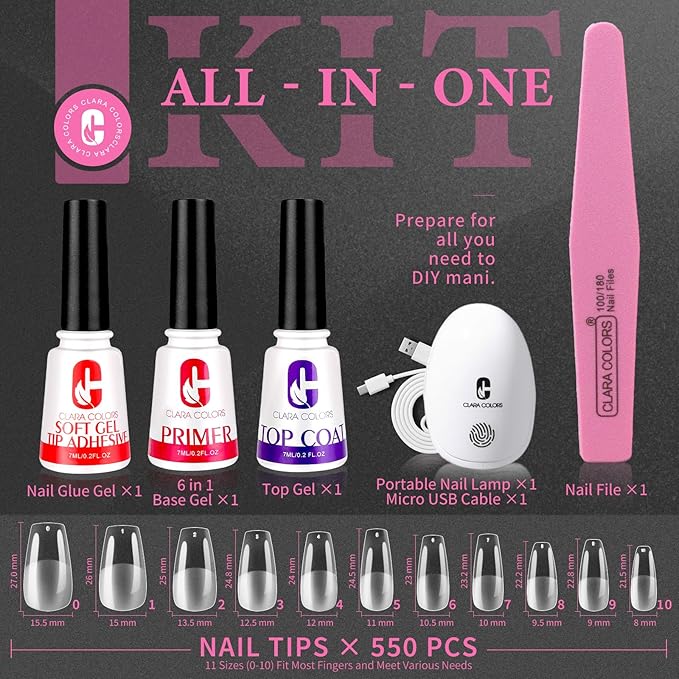 Clara Colors Nail Tips and Glue Gel Kit - 550Pcs Soft Tips Half Matte Medium Coffin Shape