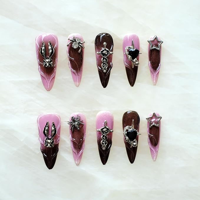 Gothic Press-On Nails, Pink to Black Ombre, Stiletto Shape with 3D Halloween Charms, Handmade False Nail 10 Pieces (Small, LS)