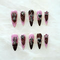 Gothic Press-On Nails, Pink to Black Ombre, Stiletto Shape with 3D Halloween Charms, Handmade False Nail 10 Pieces (XS, LS)