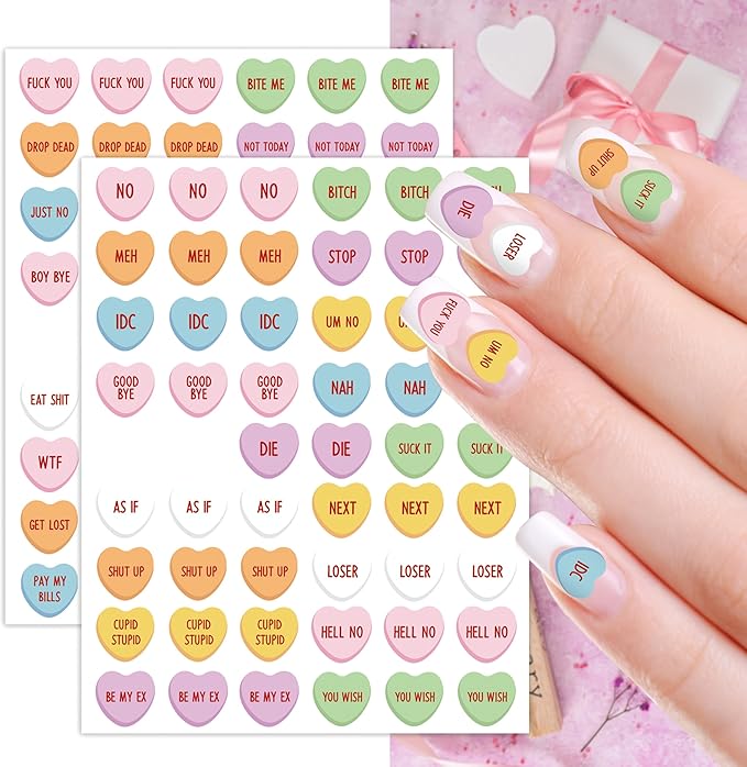 Eartim Valentine's Day Mean Conversation Heart Nail Sticker - 8 Sheets Colorful Sweet Heart Nail Art Sticker Waterproof Self-Adhesive Decorative Decal for Women Valentines DIY Manicure Accessories