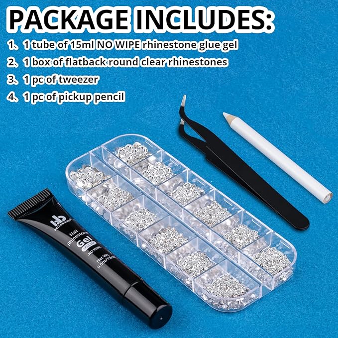 BELLEBOOST Nail Art Rhinestone Glue Gel&1 Box Flatback Gems Kit, 1 Tube of 15ml Rhinestone Gel Glue(UV/LED Needed)+Round Glass Crystal Clear Gemstones with Pickup Tools