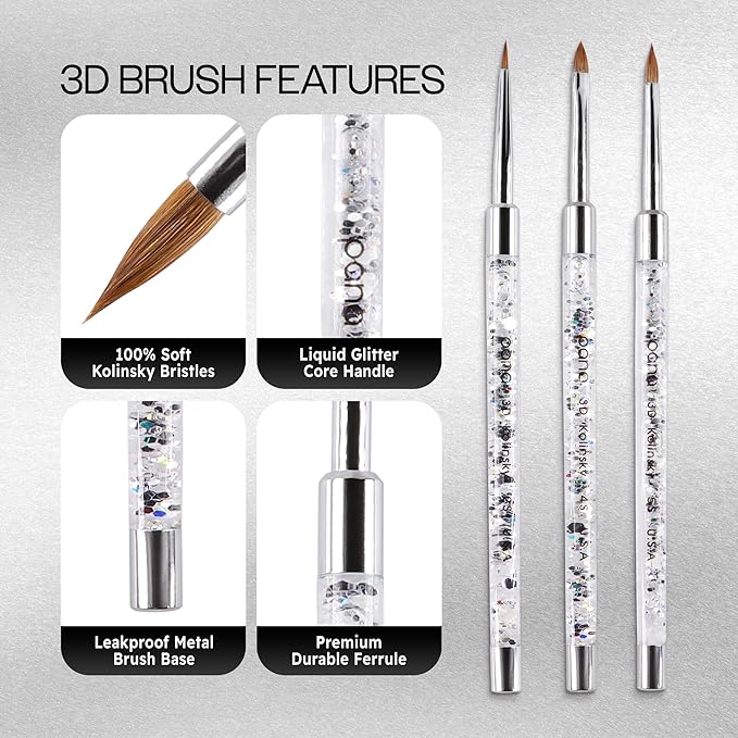 PANA 3D Kolinsky Nail Art Brush - Silver Glitter Handle, Size 4 - Acrylic Nail Art Sculpture Brush for Manicures Pedicure Salon Professional or Beginner
