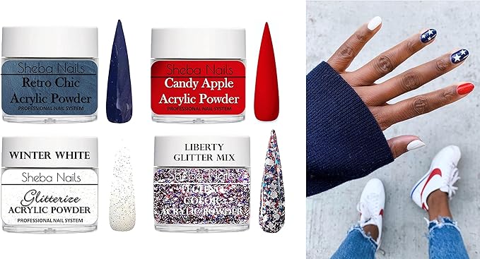 SHEBA NAILS Glitter Dip Powder Patriotic Nail Art Variety Kit- 1/4 oz Jar Each Candy Apple Red, Navy, Glitterize Winter White, & Liberty Custom Glitter Mix