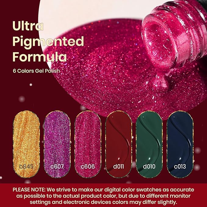 Beetles Gel Nail Polish, 6 Colors Burgundy Red Glitter Gold Green Gel Polish, Soak Off Uv Nail Lamp Cured Holiday Nail Gel DIY Home Manicure Kit Gifts for Women