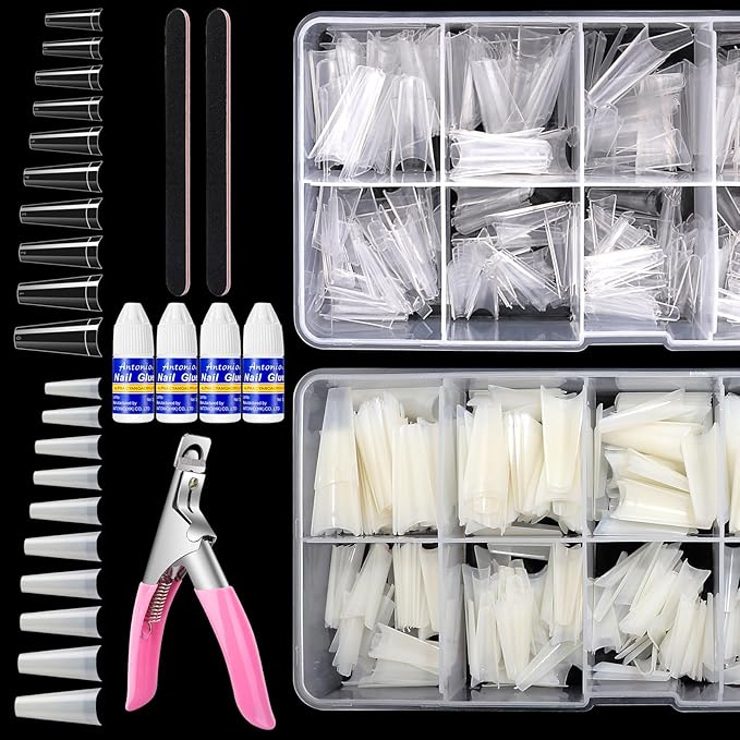 Yokilly 1000PCS Coffin Nail Tips and Glue, Clear Natural False Acrylic Nail Tips, Half Cover 10 Sizes French Artificial Nail Tips Manicure with Nail Clipper, Nail Files and Glue for Dip Powder