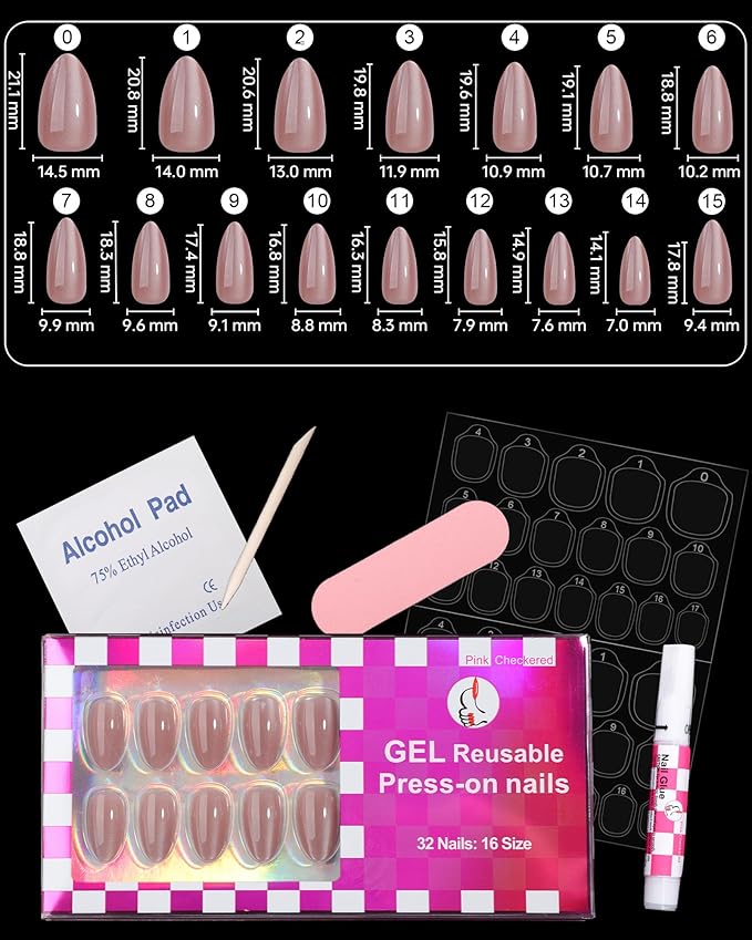 Press On Nails Short, 16 Sizes 32pcs, Almond Fake Nails Glossy, Nail Glue Included (Milky Way)