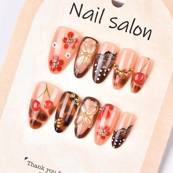 Medium Press on Nails Almond Fake Nails SEENEEY Brown Artificial Nail Red Floral and Gold Charm Designs Cherry Stick on Nail for Women 30pcs