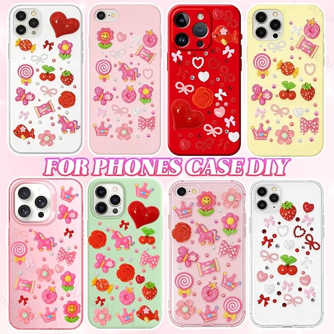 Junk Case Charms Kit, Pink Red Pearls Resin Rhinestones Bedazzling Kit, Cute Candy Bear Cartoon Phone Cases Charms, Junk Case with Big Charm for Crafts Nail Art DIY Accessories