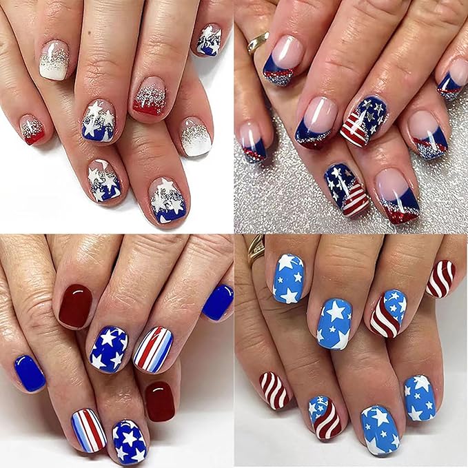 96Pcs Independence Day Press on Nails Short Square Fake Nails with Gold Glitter Design Red and Blue Color Scheme False Nails America Flag Stick on Nails for Women 4th of July Manicure Art