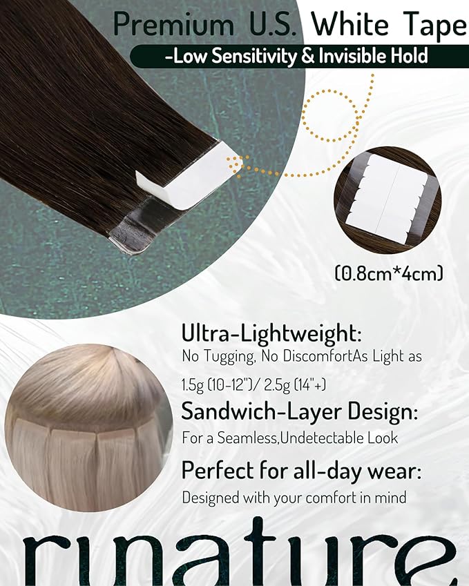RUNATURE 20 Inch Tape in Hair Extensions Real Human Hair Brown Double Sided Tape in Hair Extensions Long Straight Hair Seamless Tape ins Extensions For Women Remy Natural Hair 50g 20 pcs