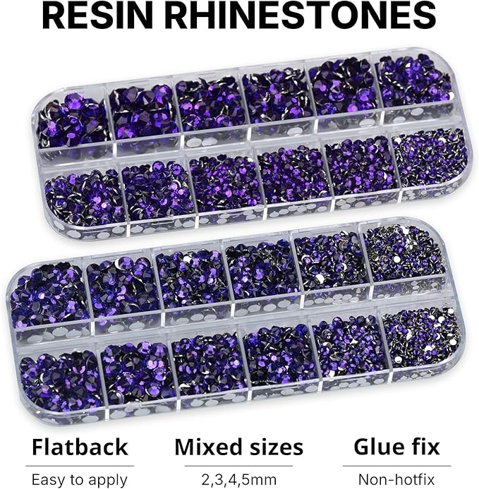 11000Pcs Purple 2/3/4/5mm Flatback Rhinestones with Glue for Bedazzling Crafting Clothing Clothes Crafts Shoes Nail Art, Dark Purple Resin Flat Back Gems Crystals Diamonds Gemstones Jewels Stones Kit