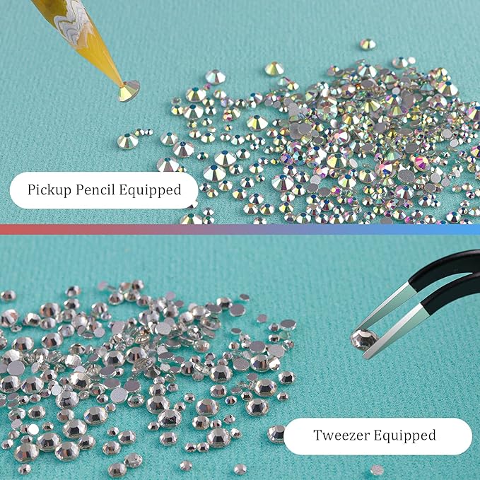 6 Sizes Transparent and AB Glass Crystal Kit with Pickup Pen + Tweezer Tools for Iridescent Shine Nail Art Manicure Makeup DIY Decoration Flatback Round Rhinestone Gem Jewelry Diamond