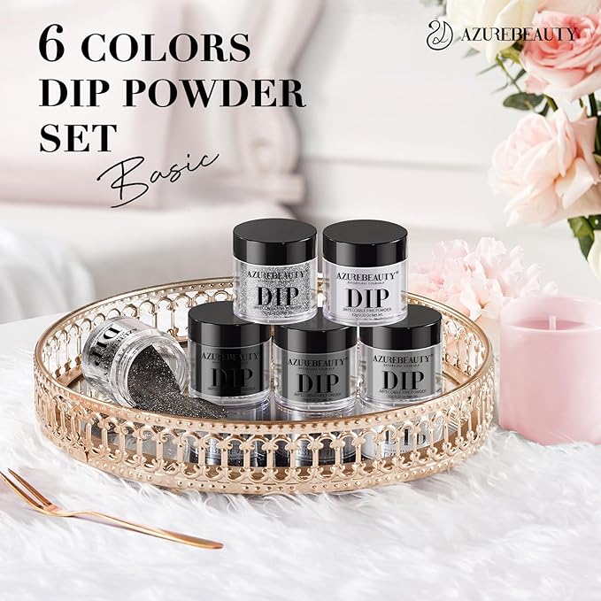 AZUREBEAUTY Dip Powder Nail Basic Set White Black Silver Grey Pure Sparkle 6 Colors All Seasons Dipping Powder Starter Kit French Nail Art Manicure DIY Salon for Women, No Need Nail Lamp Cured