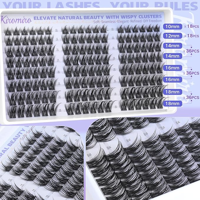 Kiromiro Wispy Lash Clusters Natural Cluster Eyelash Extensions 10-18mm DIY Cluster Lashes C Curl Individual Lashes 144pcs Eyelash Clusters Thin Band Eyelashes Clusters