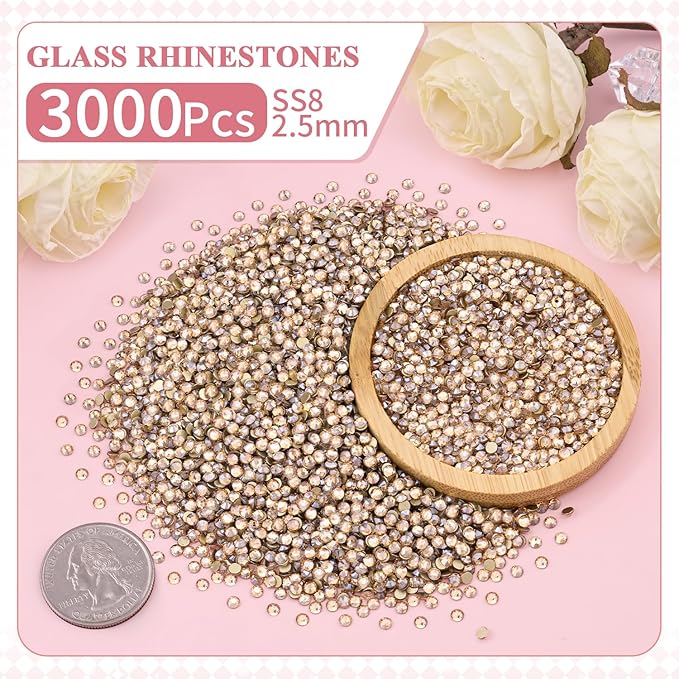 3000PCS SS8/2.5mm Crystal Rhinestones (Golden Shadow/Champagne) with 2Pcs 10ml B7000 Jewelry Glue, Bedazzling Flatback Glass Rhinestones for Crafting, Gems Diomand for Tumbler Shoes Clothing Nail Art