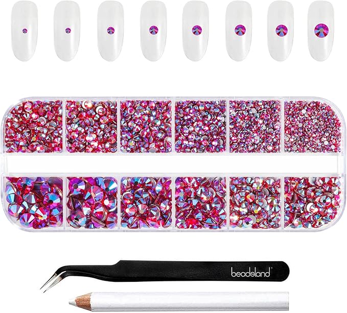 Beadsland Rhinestones for Makeup,8 Sizes 2500pcs Light Red AB Flatback Rhinestones Face Gems for Nails Crafts with Tweezers and Wax Pencil,Light Siam AB,SS4-SS30