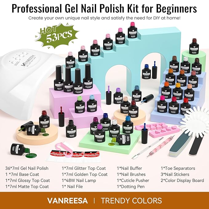 VANREESA Gel Nail Polish Kit with U V Light 53 Pcs Gel Polish Nail Set 36 Popular Colors Nail Polish Set with Base and 4 Effects Top Coat with Manicure Tools Complete Nail Kit Gifts for Women Girls