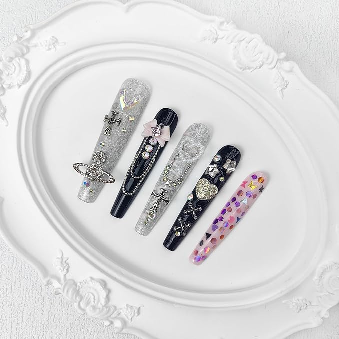 2025 Long Novel Design Reusable 100% Handmade PMMA Acrylic Press On Nails Kit with Box Gift for Women (Multicolor, M)
