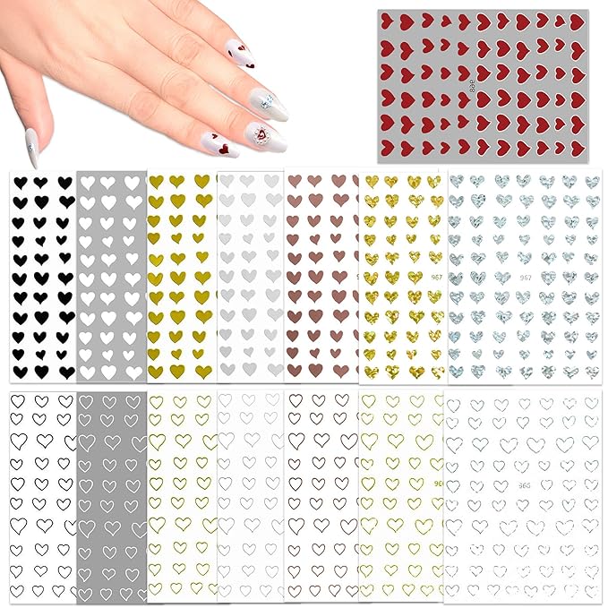 15 Large Sheets Hearts Nail Stickers for Women Girls Kids - 3D Self Adhesive Heart Nail Decals for Natural Fingernails and Acrylic Nails Heart Nail Decor for Nail Art Design DIY Nail Decoration