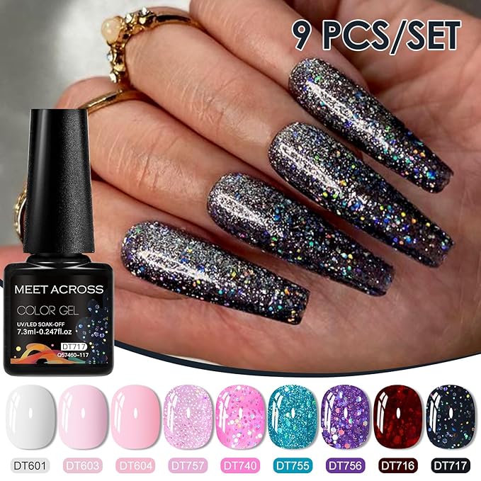 MEET ACROSS 9 Colors Gel Nail Polish + 3PCS Function Gel Nail Polish Kit,Fashion Nail Art Set Design Gifts for Women Manicure Salon (SET20, 12pcs)